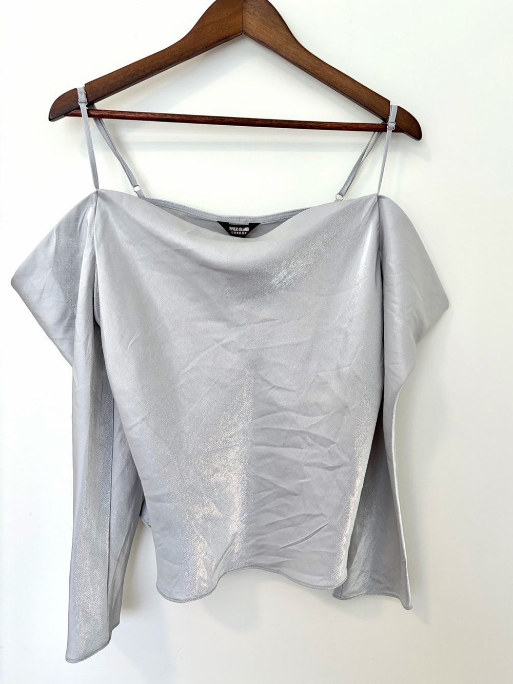 River Island Metallic Silver Off Shoulder Long Sleeve Blouse Women's Size 10